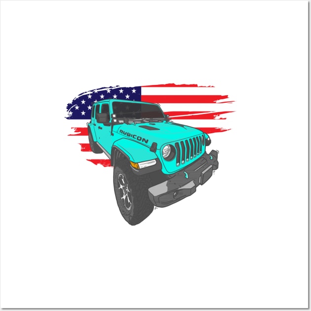 Jeep Wrangler with American Flag - Ocean Blue Wall Art by 4x4 Sketch